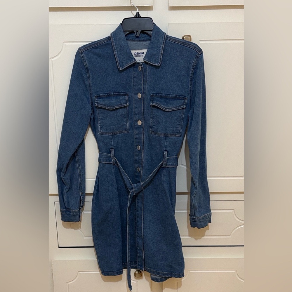 Denim Shirt Dress with Belt - Dark Blue